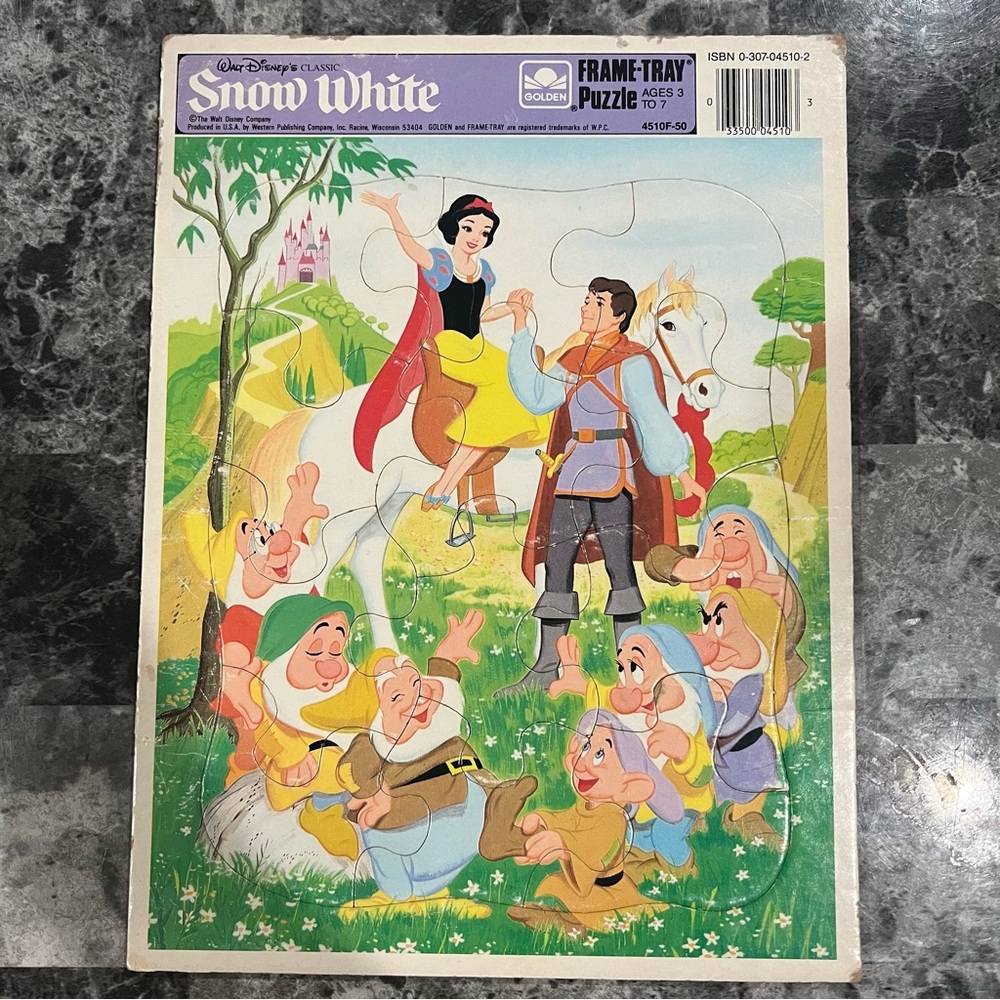 1980s Vintage Disney’s Snow White and The Seven Dwarfs Golden Frame Tray Puzzle